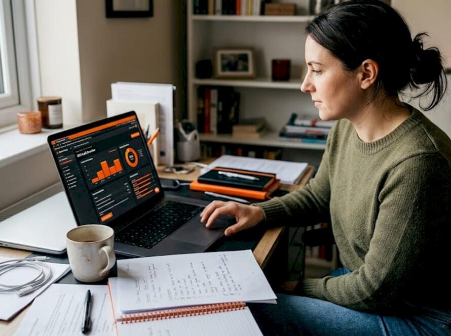 Woman auditing website checklist home office