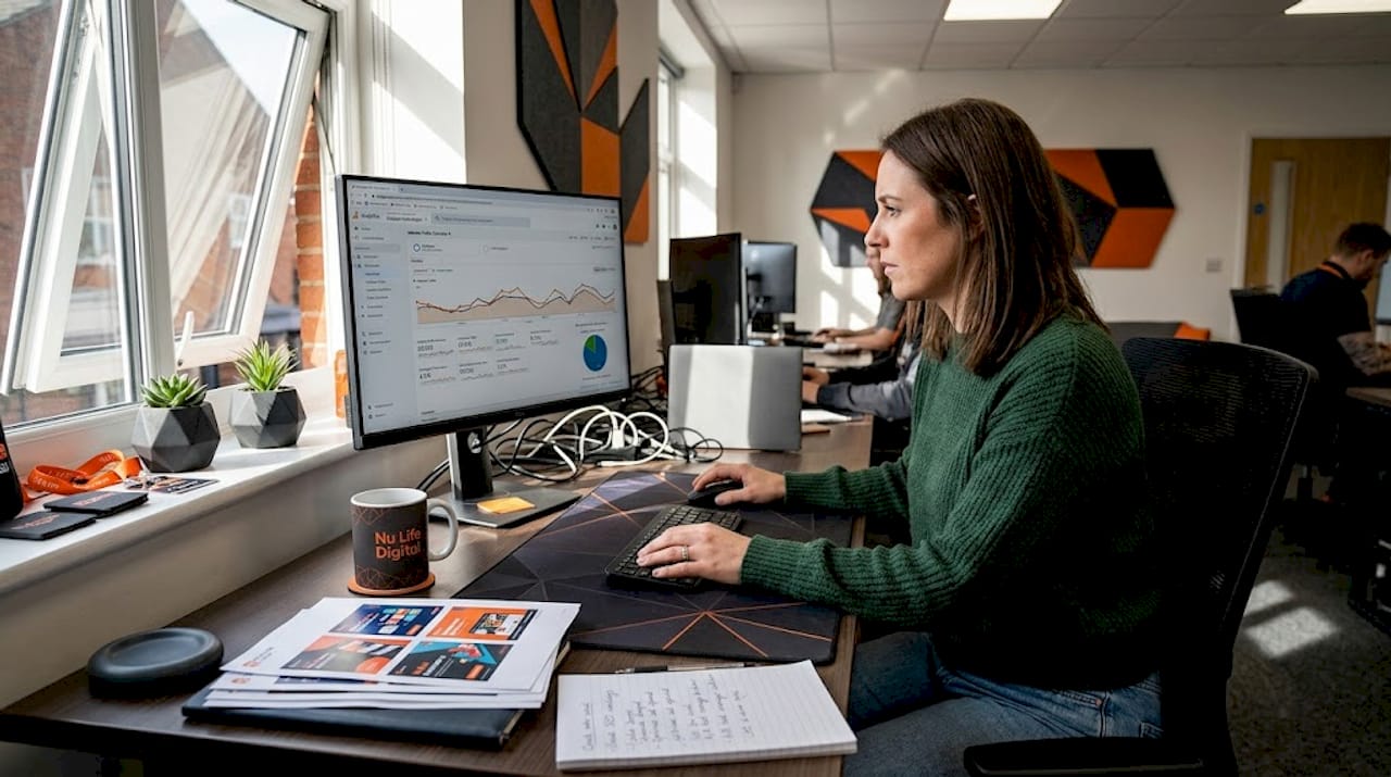 Marketer reviewing ad targeting analytics at desk