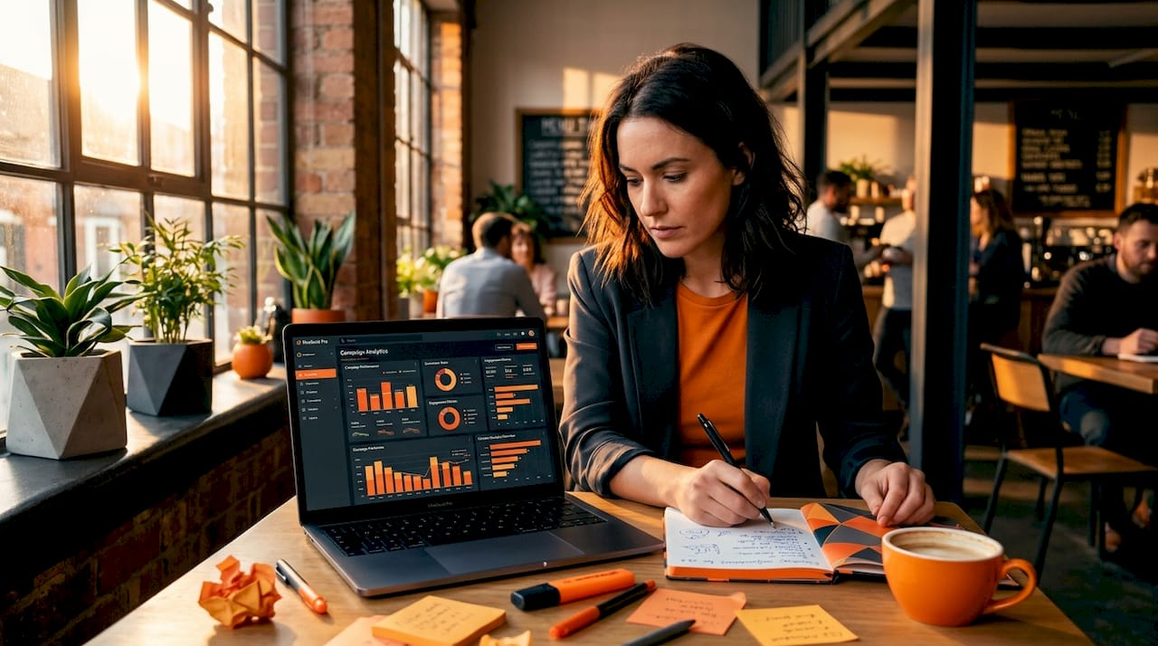 Marketing manager planning ad segmentation at shared workspace