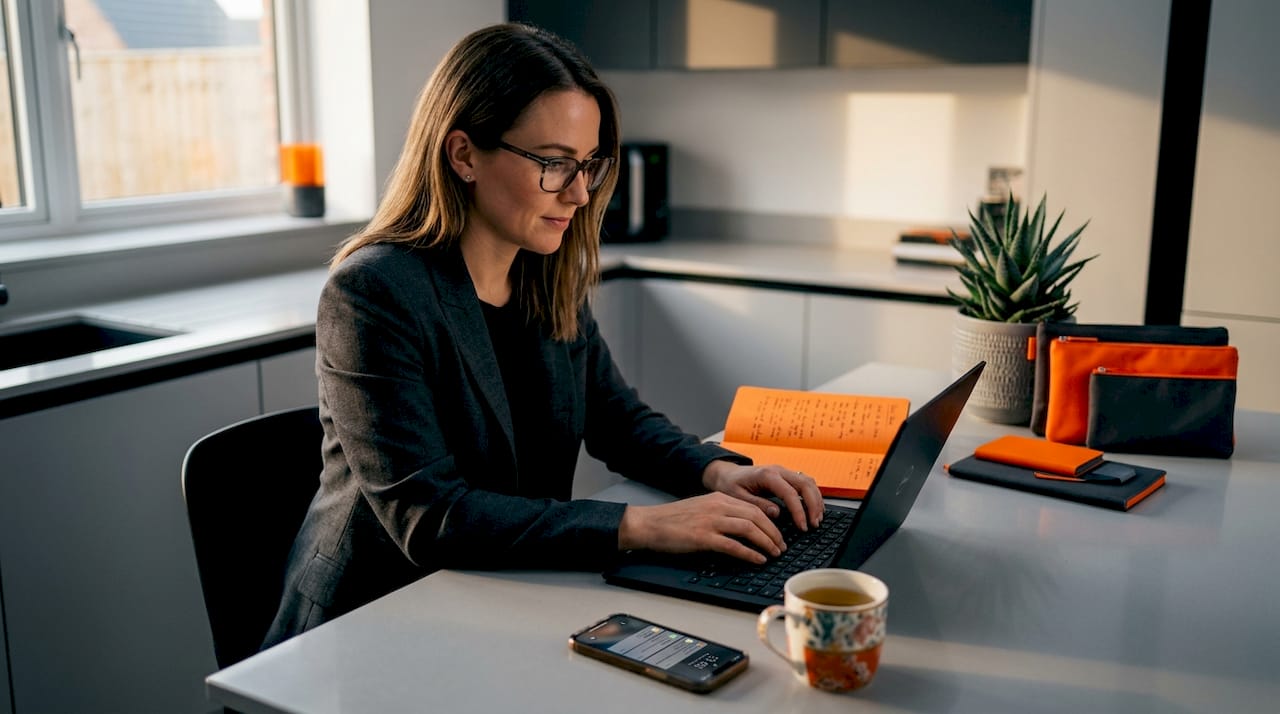 Copywriter working at kitchen table with notes